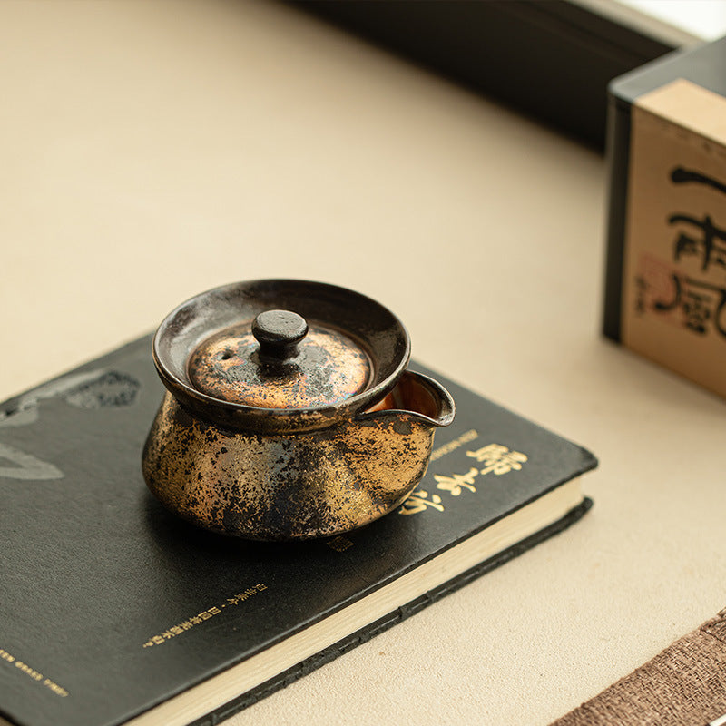 Handcrafted Shino-Ware 24K Gilded Baoping Easy-Grip Ceramic Teapot - 165ml Gongfu Pot
