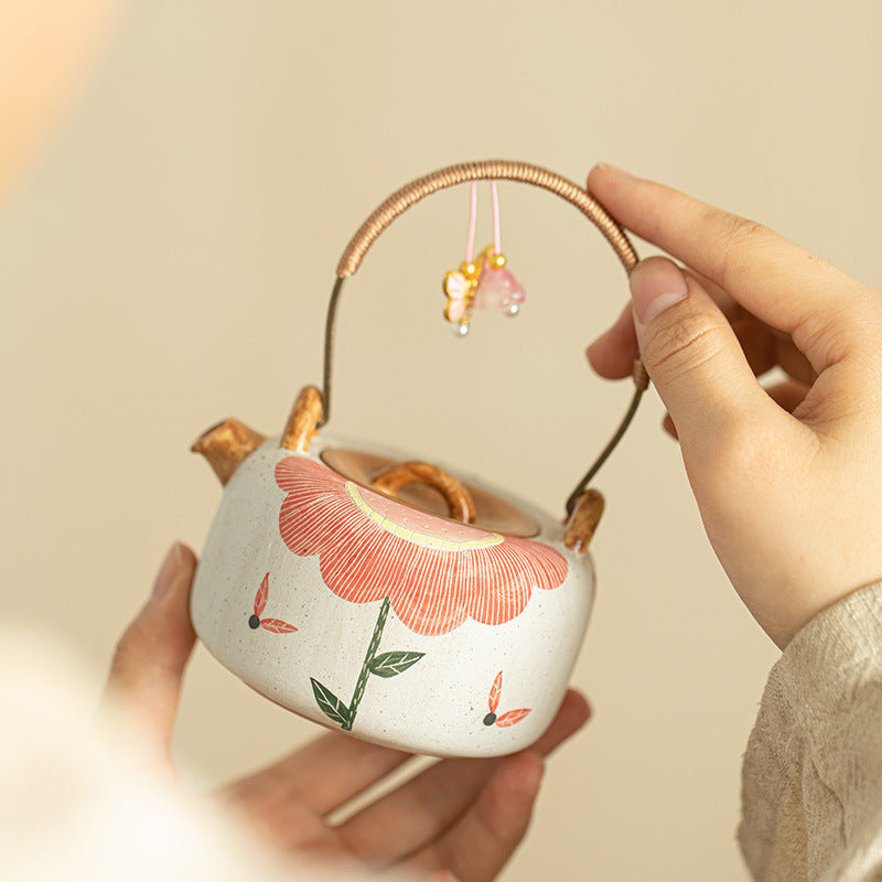 Authentic Jingdezhen Hand-Painted Sunflower Beam-Handle Ceramic Teapot - 240ml Hearthside Kettle