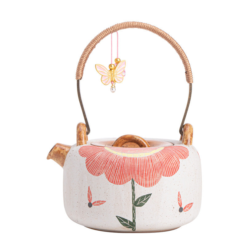Authentic Jingdezhen Hand-Painted Sunflower Beam-Handle Ceramic Teapot - 240ml Hearthside Kettle