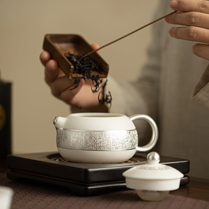 Authentic Dehua Sterling Silver-Gilt Xishi Ceramic Teapot - 180ml Luxury Gift Box