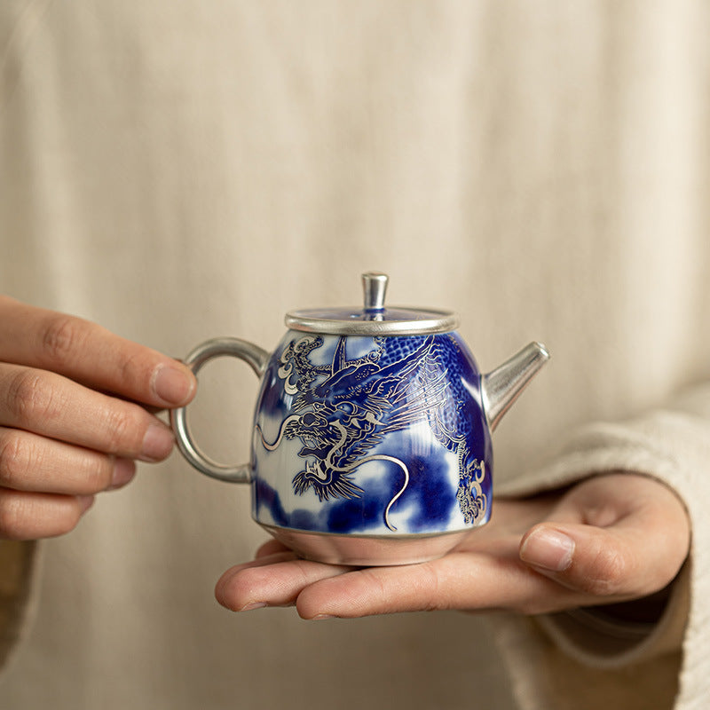 Authentic Dehua Blue & White Porcelain-Body Silver-Gilt Rock Tea Teapot - 180ml Gift Box