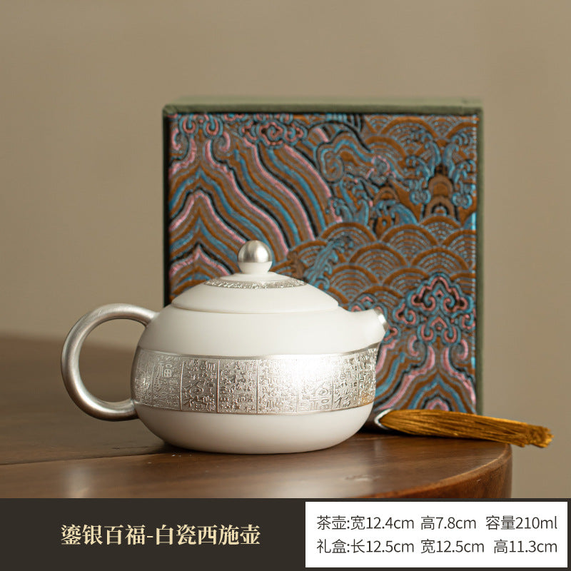 Authentic Dehua Sterling Silver-Gilt Xishi Ceramic Teapot - 180ml Luxury Gift Box