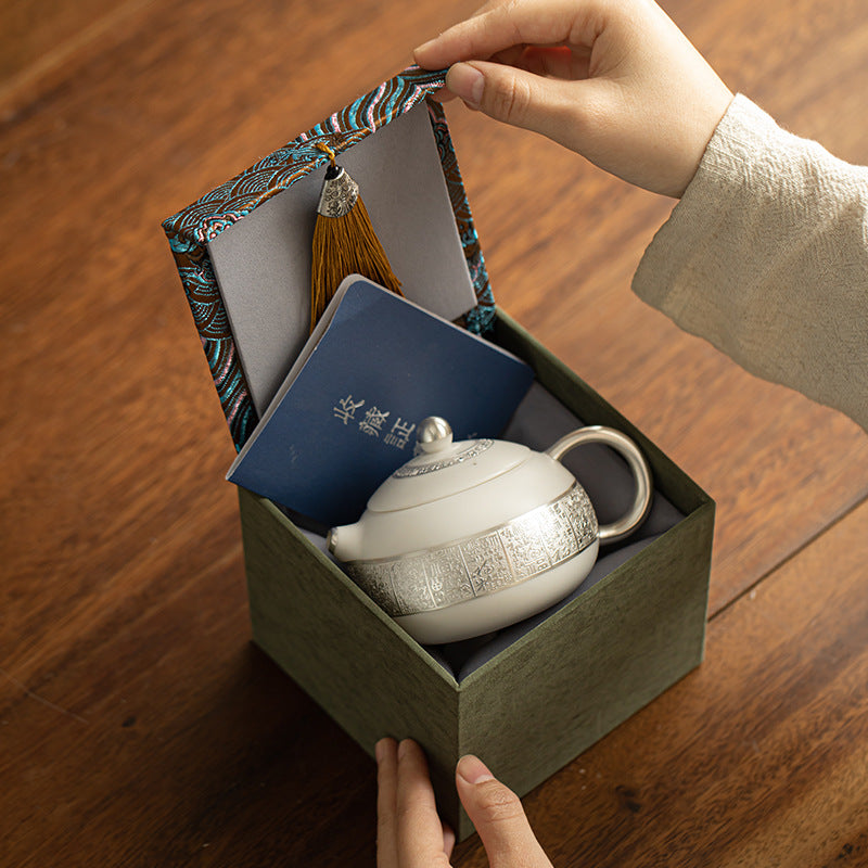 Authentic Dehua Sterling Silver-Gilt Xishi Ceramic Teapot - 180ml Luxury Gift Box