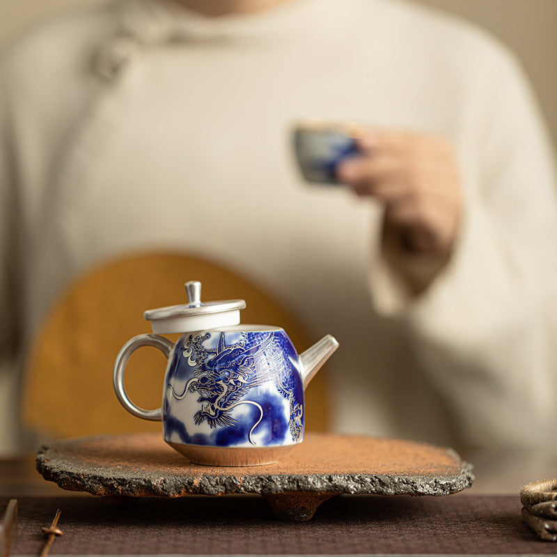 Authentic Dehua Blue & White Porcelain-Body Silver-Gilt Rock Tea Teapot - 180ml Gift Box