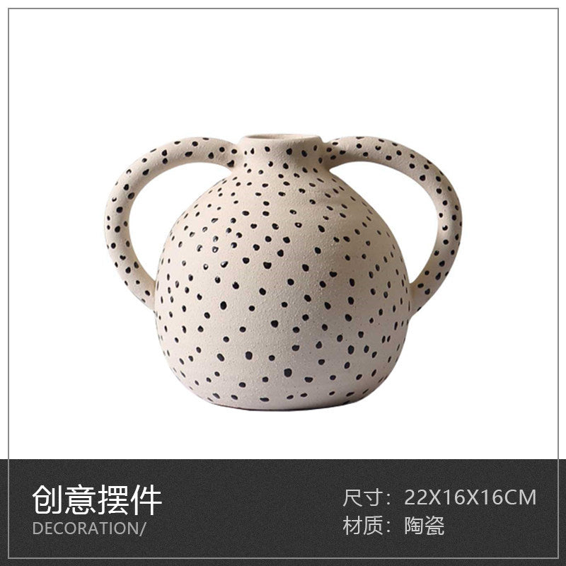 Ivory dotted double-handle ceramic vase, 22 x 16 x 16 cm
