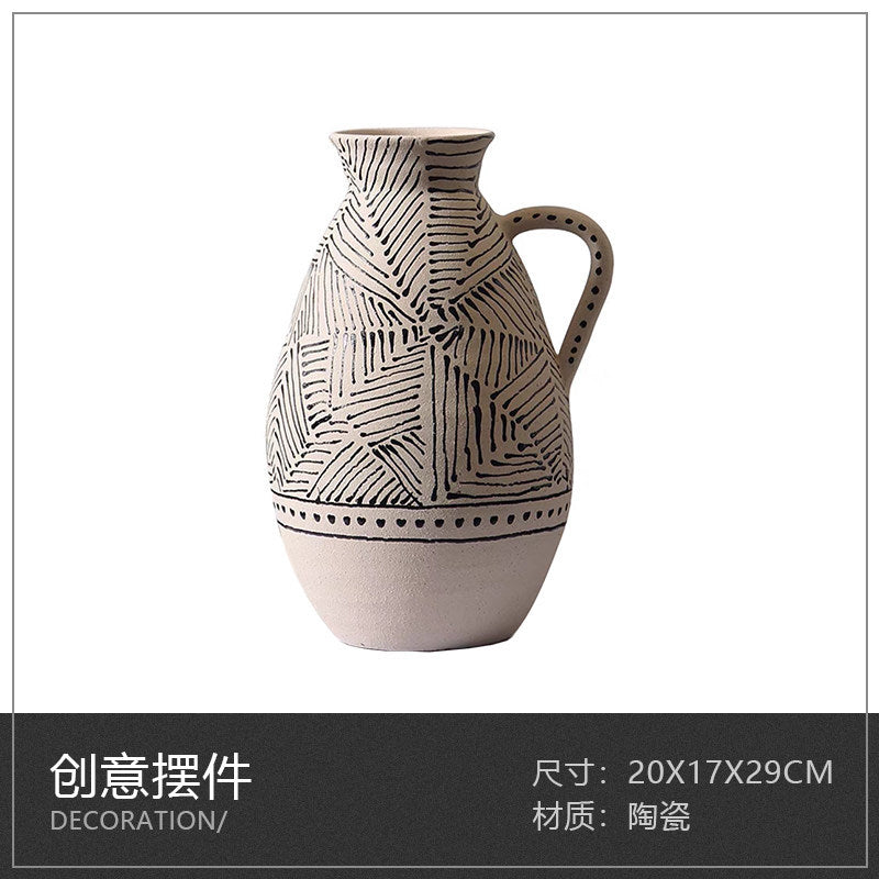Black and ivory graphic handle ceramic pitcher vase, 20 x 17 x 29 cm