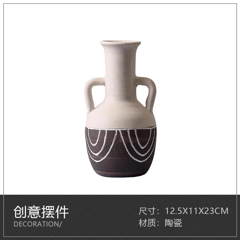 Ivory and charcoal loop-neck ceramic vase, 12.5 x 11 x 23 cm