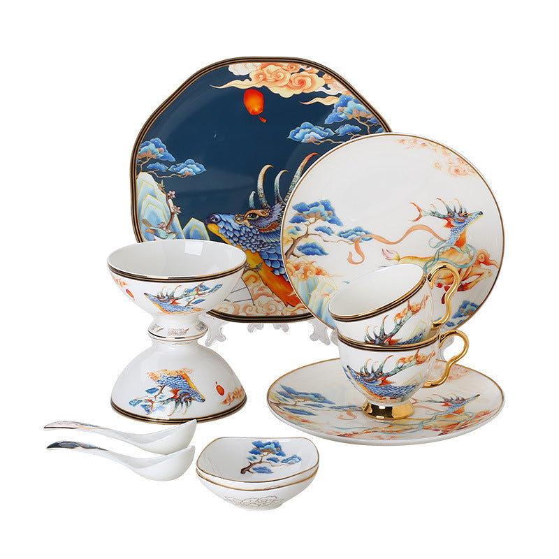 Chinese mythical beast bone china plates bowl cup saucer spoon and chopstick rest