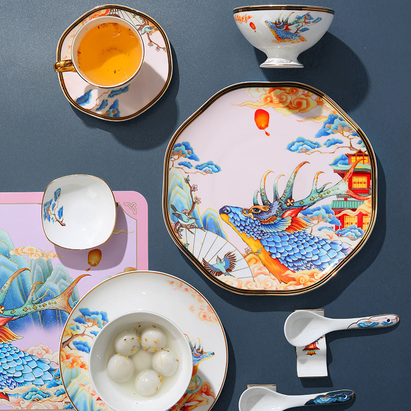 Auspicious Chinese mythical beast bone china tableware with gold rim
