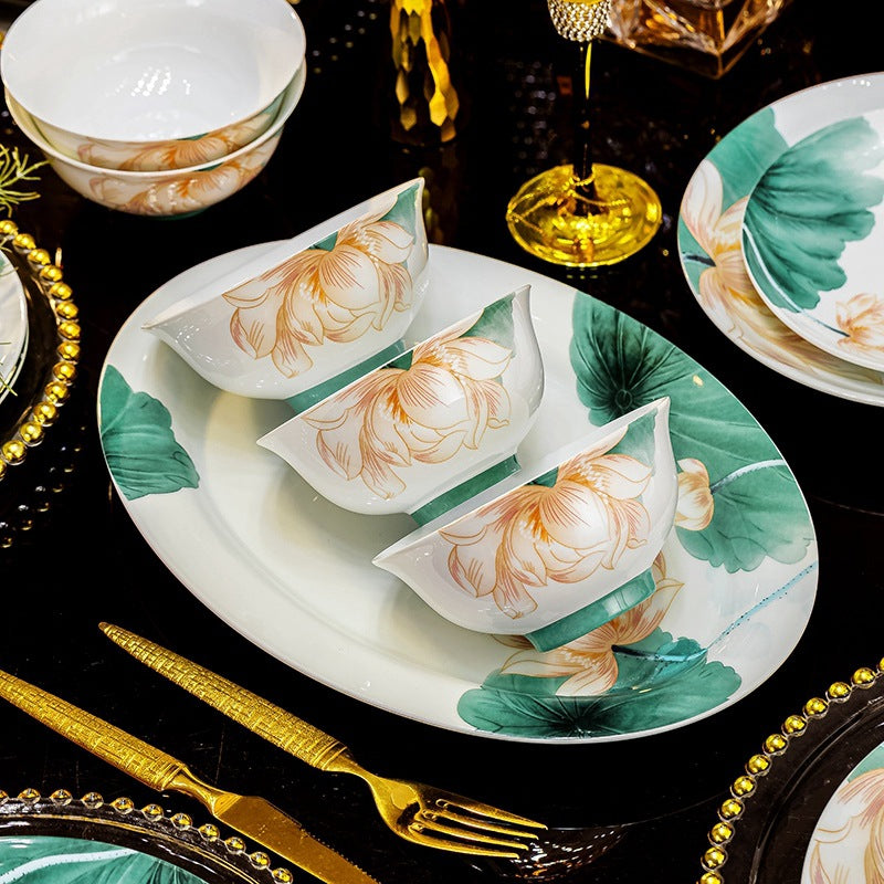 Bai Ci He Hua lotus high-white porcelain dinnerware close-up table setting