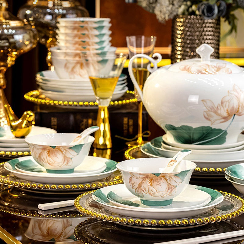 Bai Ci He Hua lotus high-white porcelain dinnerware luxury dining table presentation