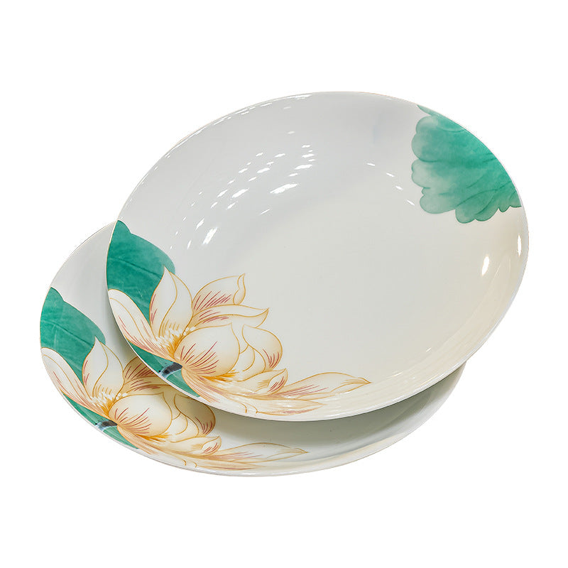 Bai Ci He Hua lotus high-white porcelain oval plate and shallow bowl detail