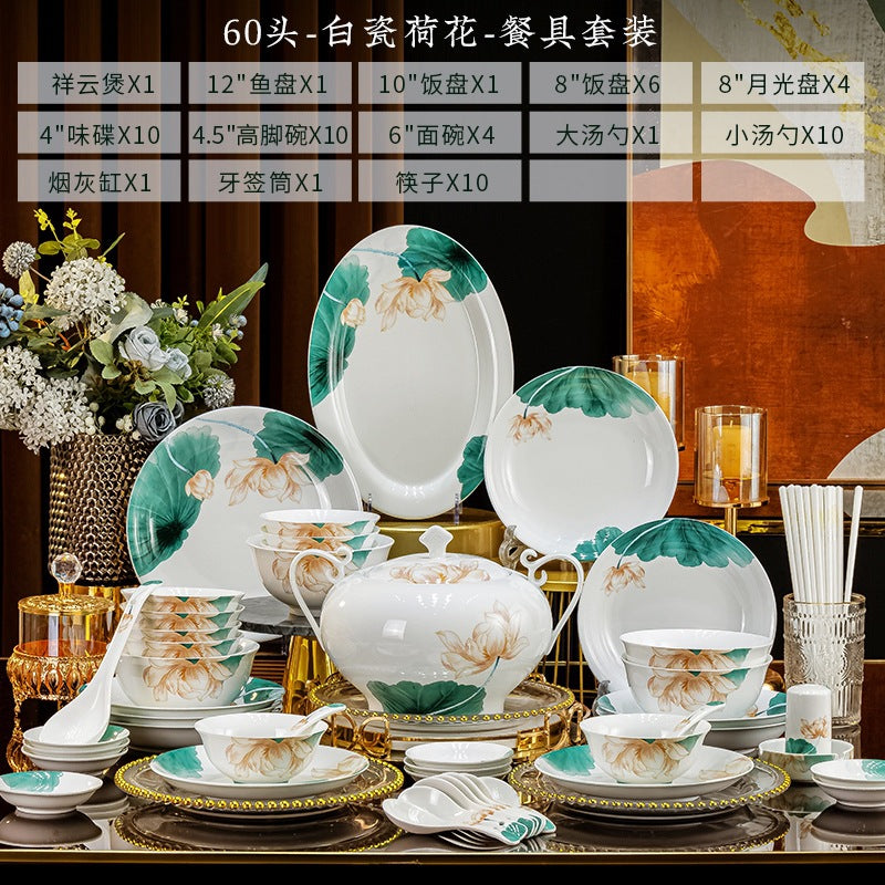 Bai Ci He Hua lotus high-white porcelain 60-piece dinnerware set composition