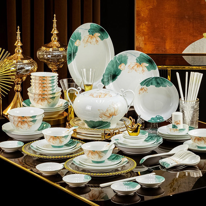 Bai Ci He Hua lotus high-white porcelain dinnerware full serving collection lifestyle image