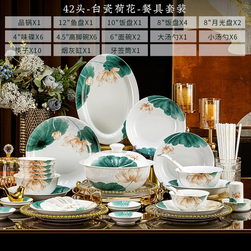 Bai Ci He Hua lotus high-white porcelain 42-piece dinnerware set composition
