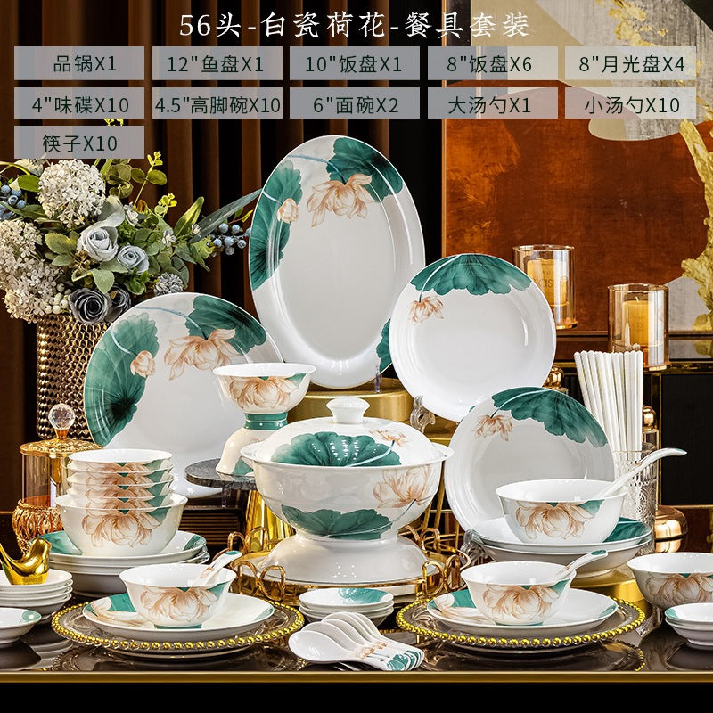Bai Ci He Hua lotus high-white porcelain 56-piece Pin Guo casserole set composition