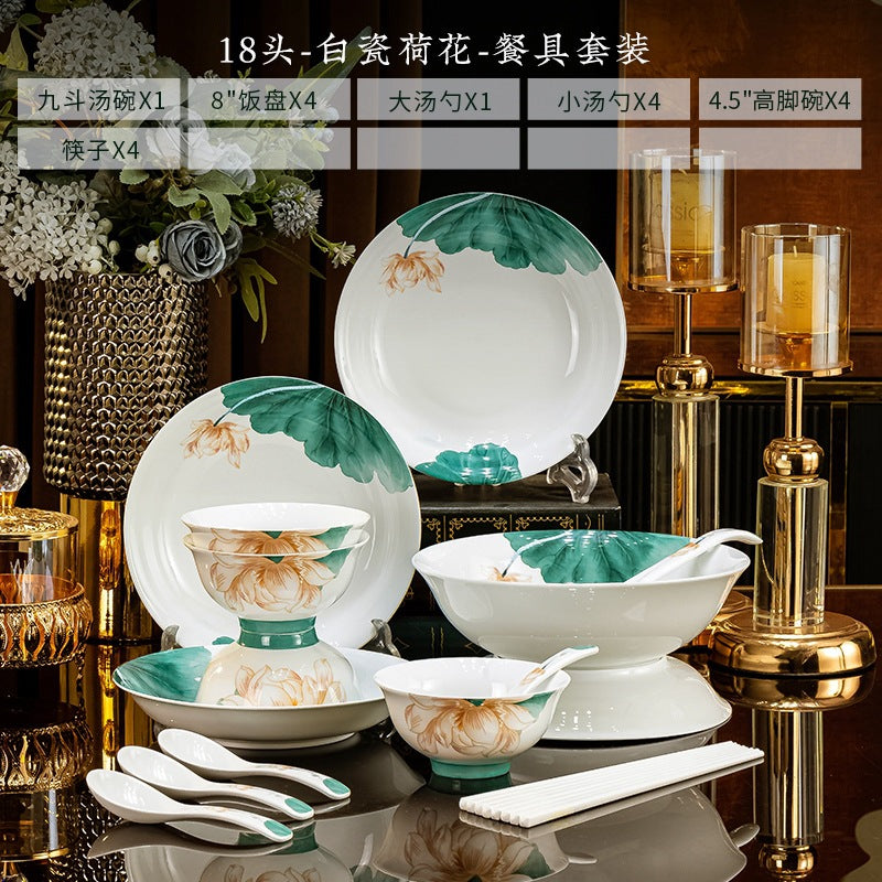 Bai Ci He Hua lotus high-white porcelain 18-piece dinnerware set composition
