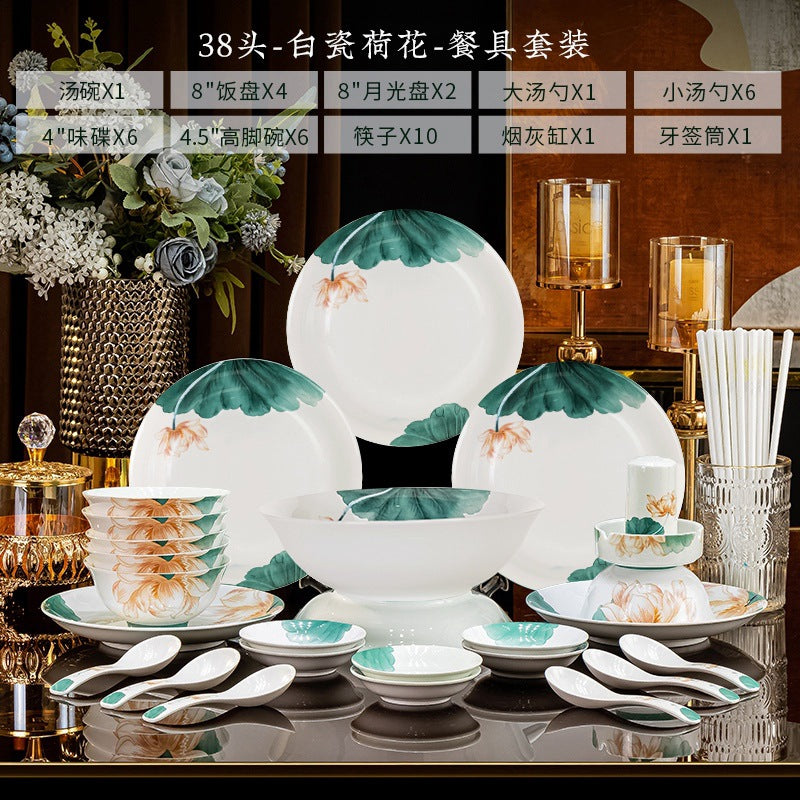 Bai Ci He Hua lotus high-white porcelain 38-piece soup bowl set composition