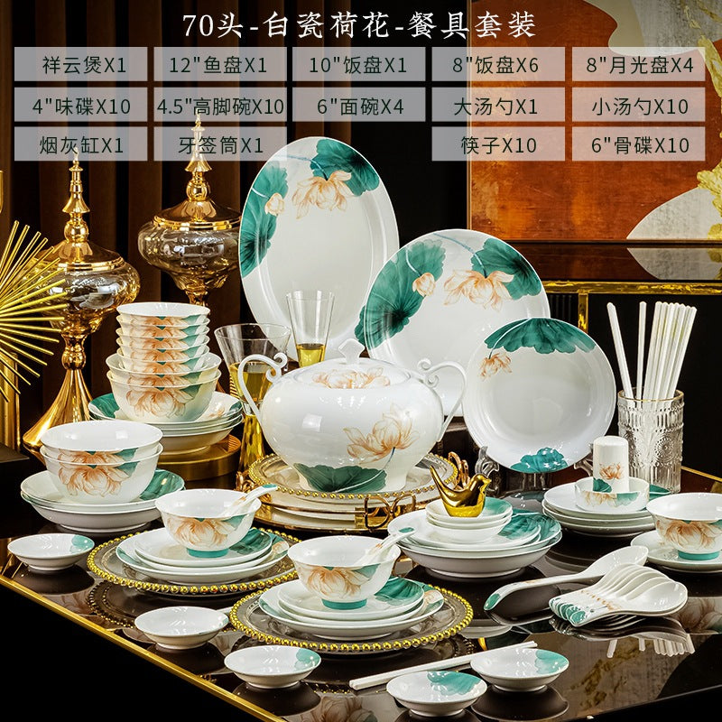 Bai Ci He Hua lotus high-white porcelain 70-piece dinnerware set composition