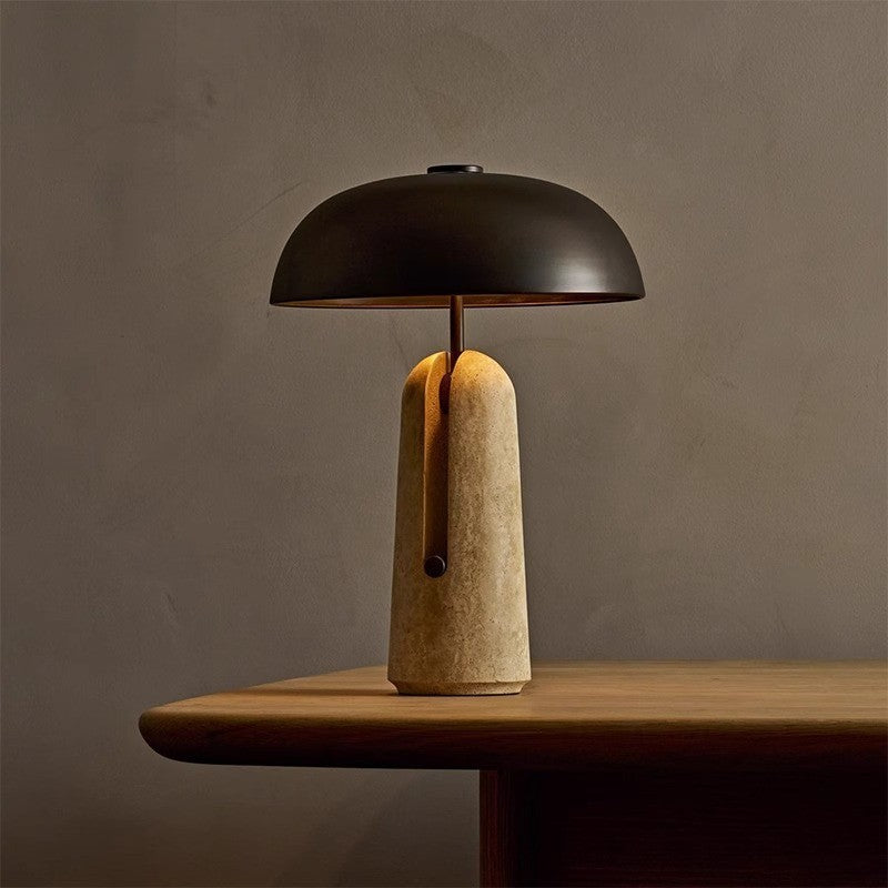 Bauhaus yellow travertine table lamp with matte black metal dome shade