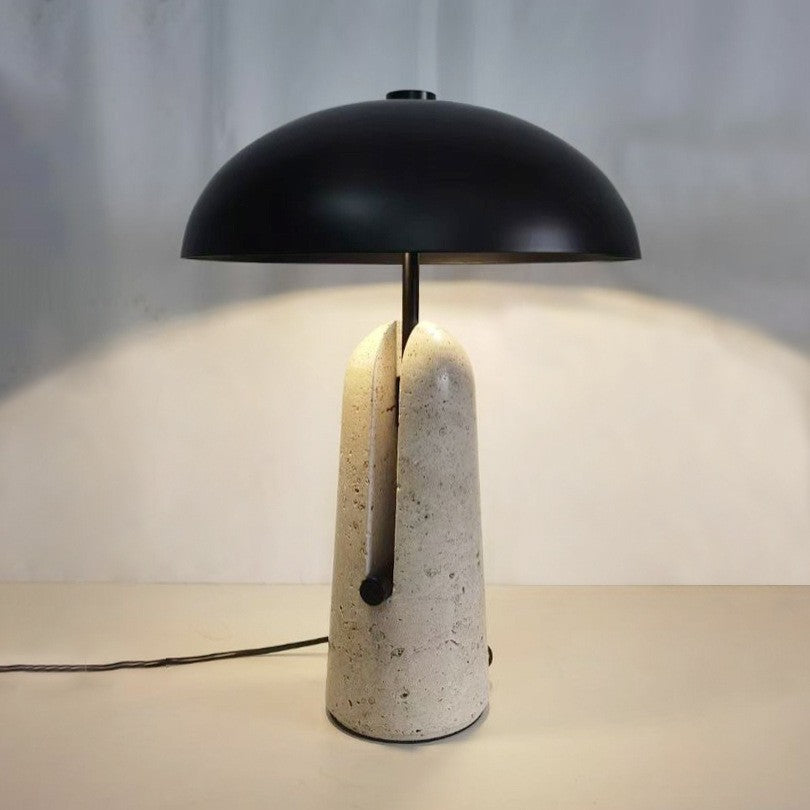 Black dome Bauhaus table lamp with split yellow travertine column base