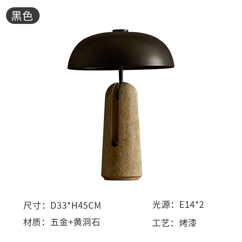 Yellow travertine and black metal dome table lamp, 33 cm diameter and 45 cm high, E14 two-light design