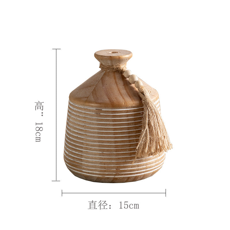 Natural wood drum bottle vase, 15 cm wide and 18 cm high