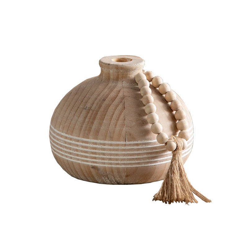 Natural solid wood wide round vase with white stripes, wood beads and jute tassel
