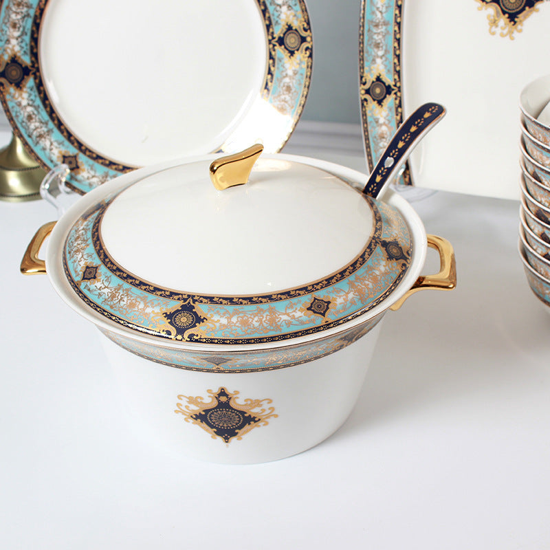 Turquoise navy and gold porcelain tableware from the Bibo 46-piece dinnerware collection