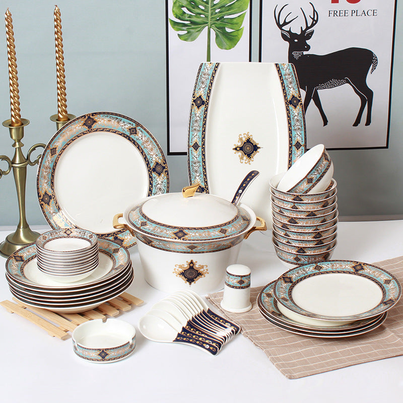 Bibo 46-piece porcelain dinnerware service styled with ornate turquoise navy and gold borders