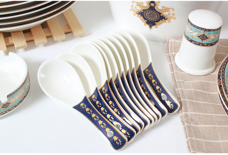 Bibo porcelain soup spoons and toothpick holder with navy turquoise and gilded decorative borders