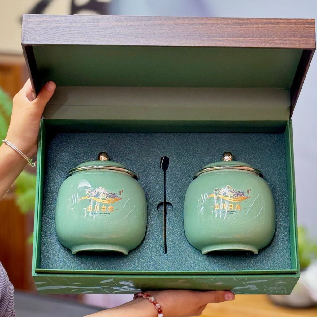 Twin ceramic jars inside premium Bi Luo Chun green tea gift chest