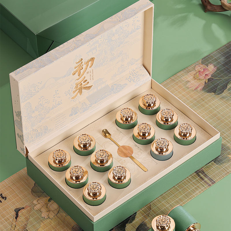 Individual green tea mini tins in gift box