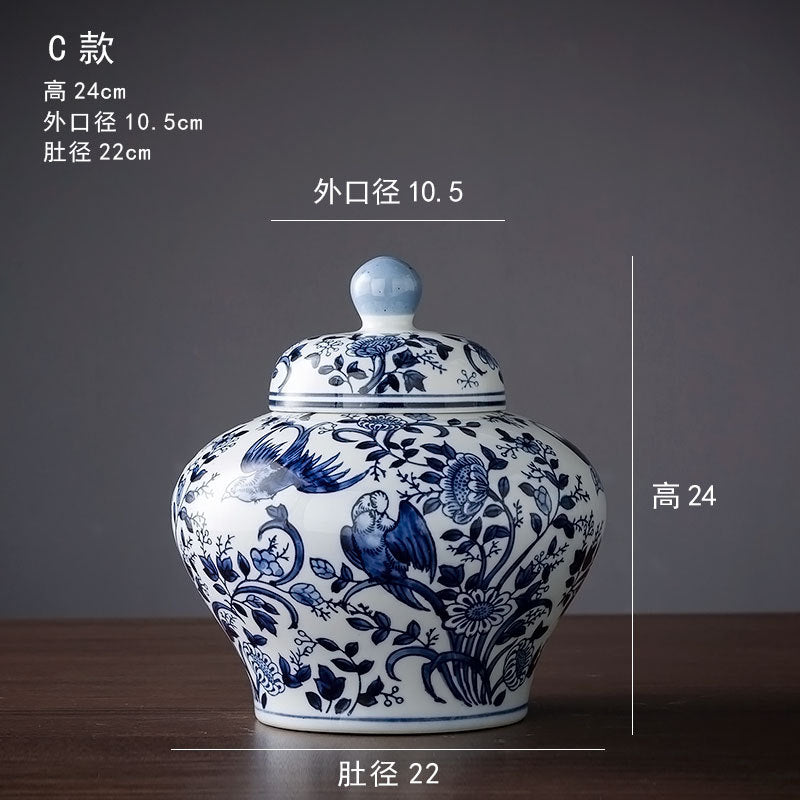 Blue and white bird and flower belly lidded jar, 24 cm high