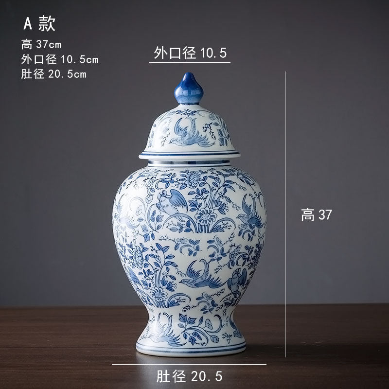 Blue and white bird and flower lidded general jar, 37 cm high