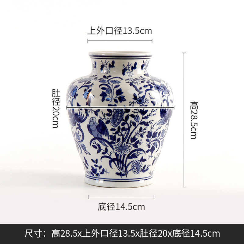 Blue and white bird and flower wide-mouth jar, 28.5 cm high