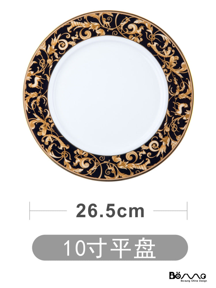 Black and gold bone china 10-inch flat dinner plate, approximately 26.5 cm diameter