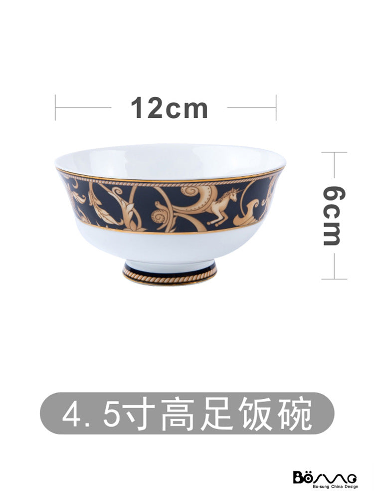 Black and gold bone china 4.5-inch footed rice bowl, approximately 12 cm wide and 6 cm high