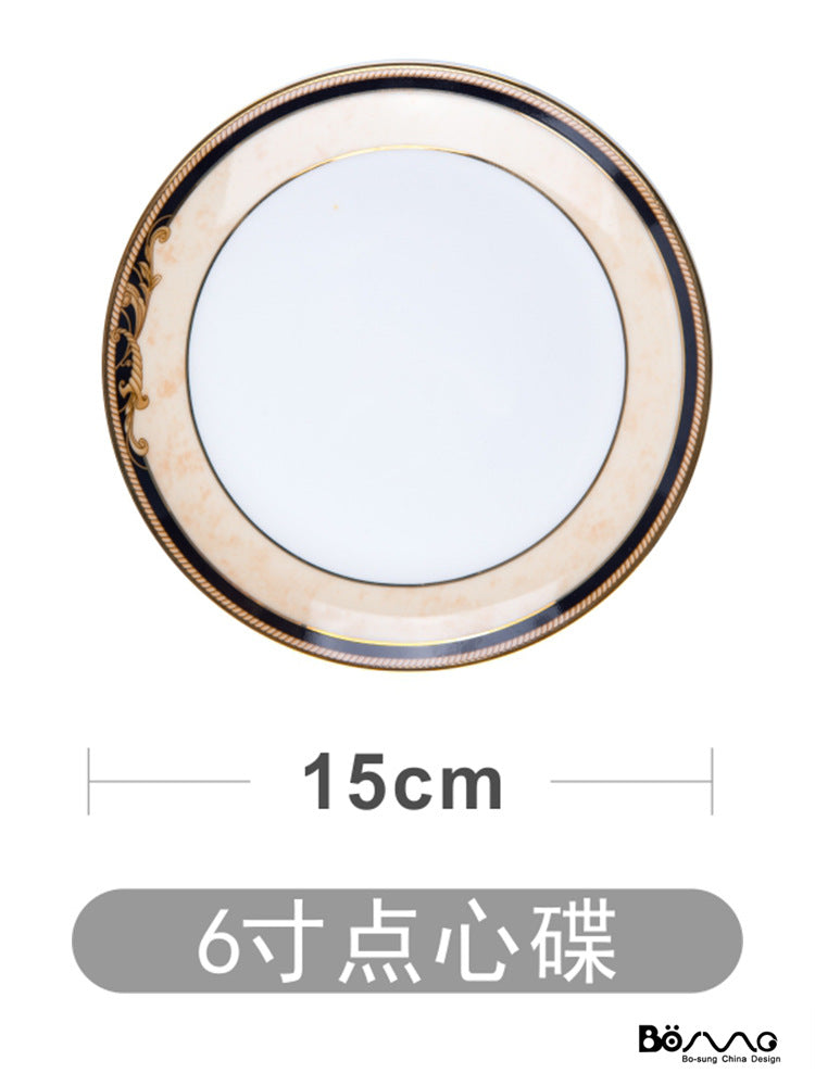 Black and gold bone china 6-inch dessert plate, approximately 15 cm diameter