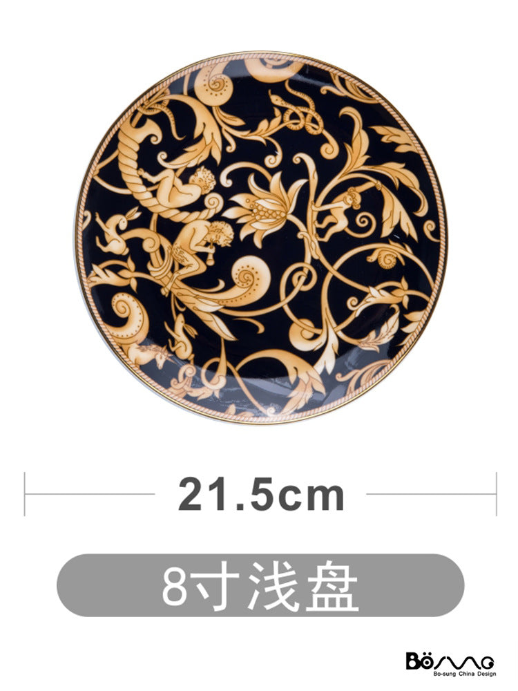 Black and gold bone china 8-inch shallow plate, approximately 21.5 cm diameter