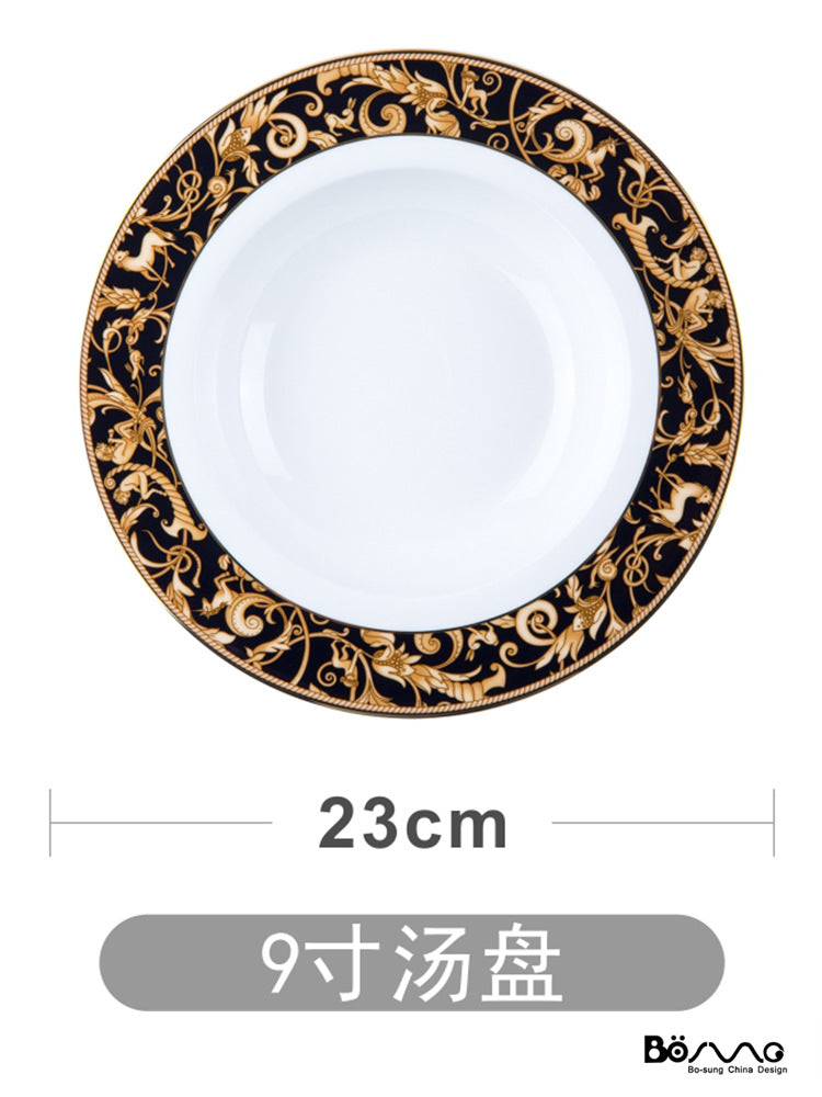 Black and gold bone china 9-inch soup plate, approximately 23 cm diameter
