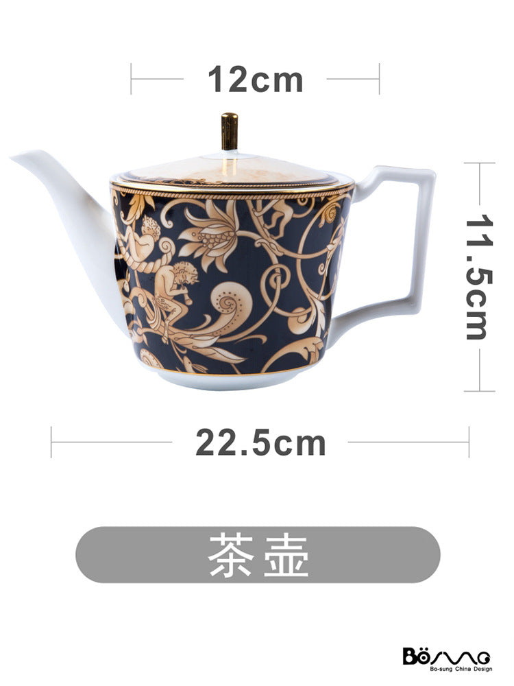 Black and gold bone china teapot, approximately 22.5 cm long and 11.5 cm high