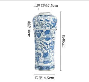 Blue botanical slim cylinder ceramic vase, 40 cm high