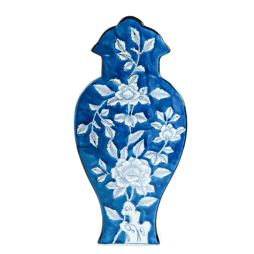 Dark cobalt blue Phoenix Tail flat ceramic vase with white floral decoration