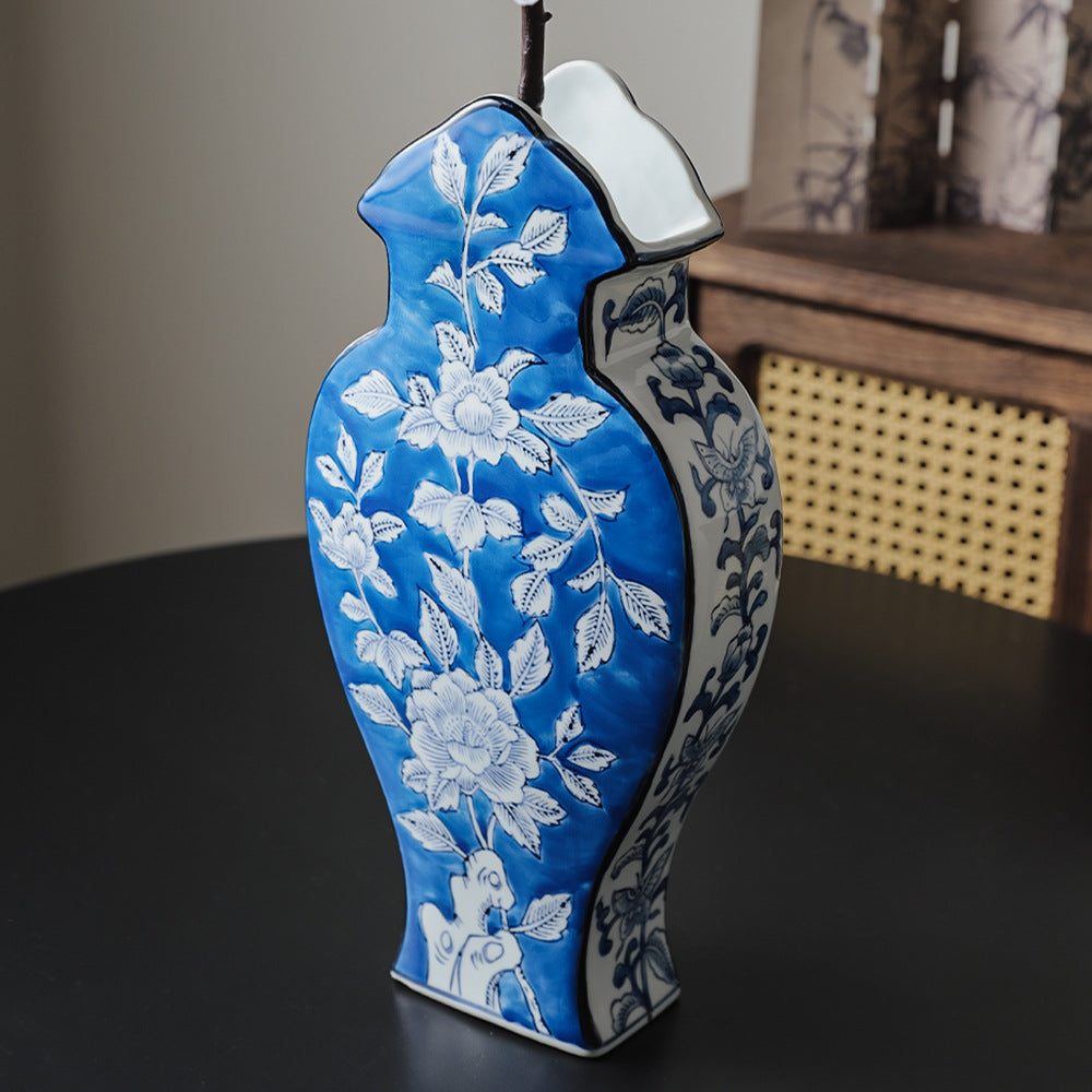 Dark cobalt Phoenix Tail flat vase three-quarter view