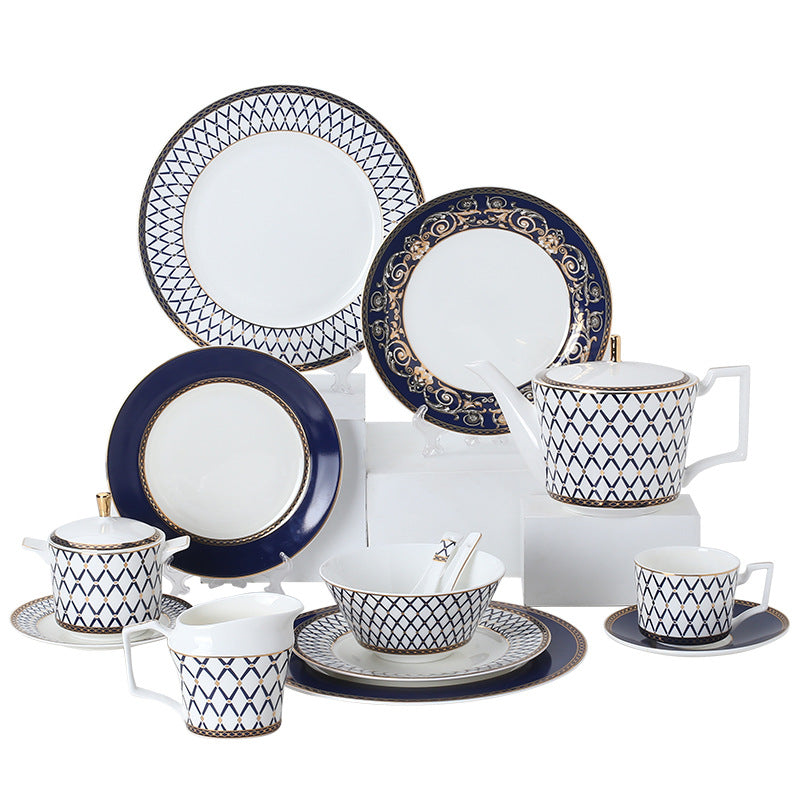 Lanjia Shengdian navy and white neoclassical bone china tableware with plates, teapot, cup and saucer, bowl and creamer