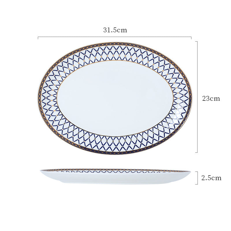 Lanjia Shengdian blue lattice oval serving platter, approximately 31.5 by 23 by 2.5 cm