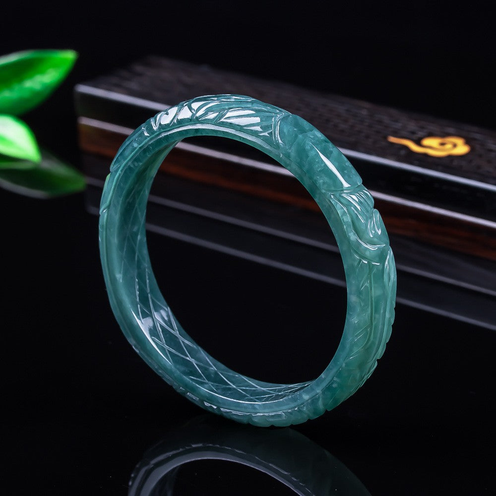 Natural jadeite carved flower bangle polished relief detail