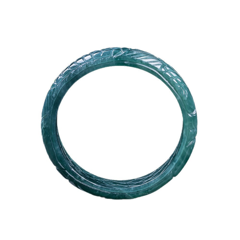 Icy blue water jadeite bangle with auspicious floral carving