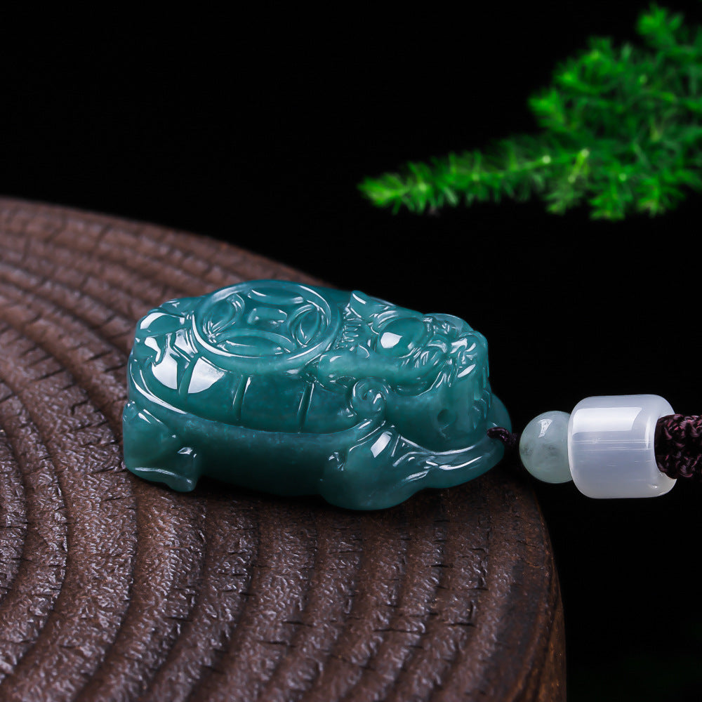 Certified Grade A blue water jadeite dragon turtle pendant carved guardian amulet